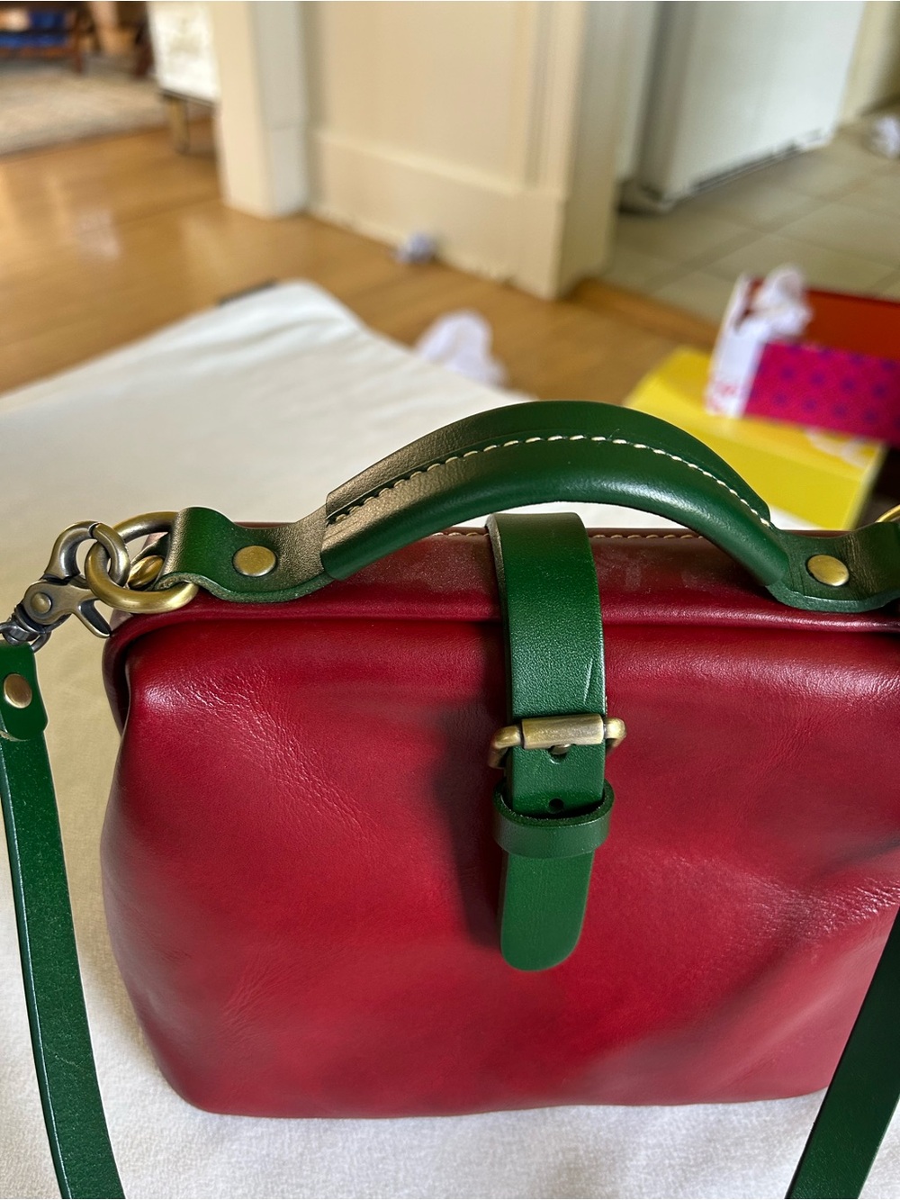 Red Leather Satchel with Green Strap - Classic Top Handle Crossbody - Picture 2 of 13